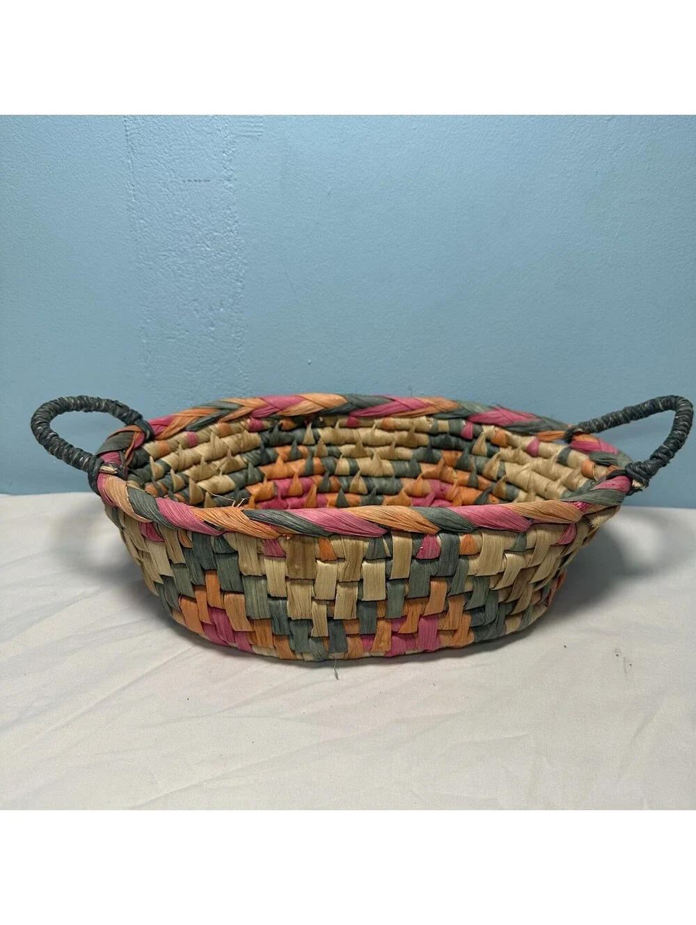 Vintage Hand Woven Oval Seagrass Basket Bowl Boho Two Handles Pink Teal Orange